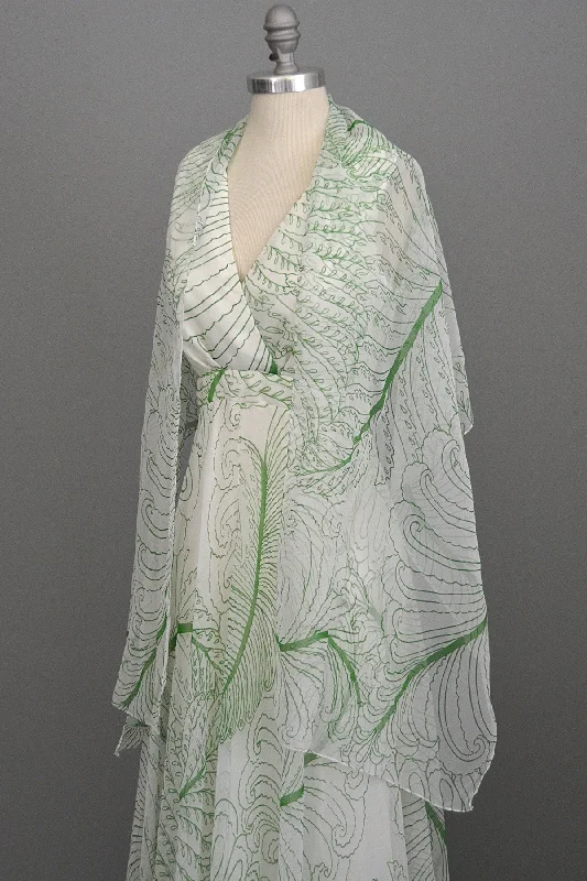 Women's Workout Garments Classic Appeal 1970s Feather Print Chiffon Baby Doll Maxi Dress with Matching Shawl