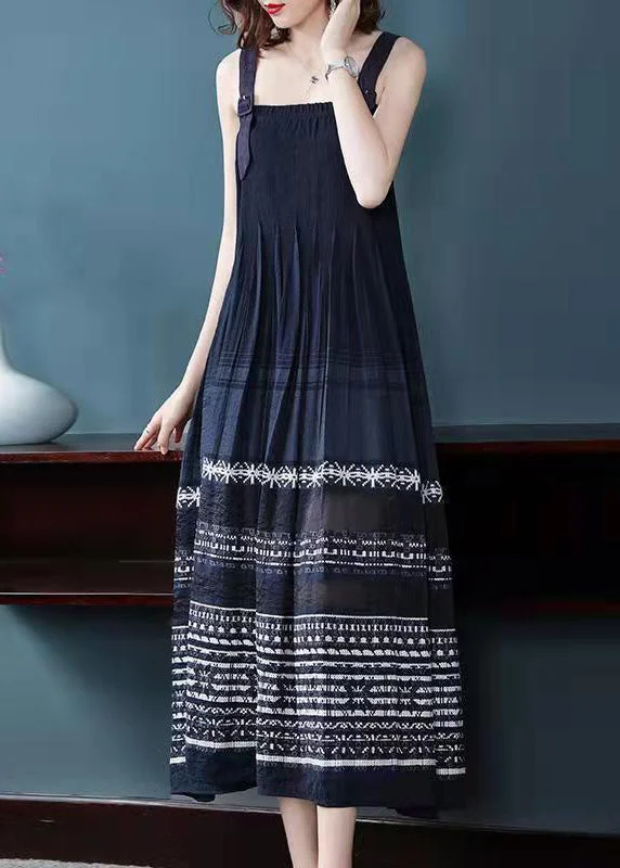 Affordable Women's Clothing Huge Savings On Parisian Styles Stylish Navy wrinkled Print Spaghetti Strap Cotton Maxi Dress Sleeveless