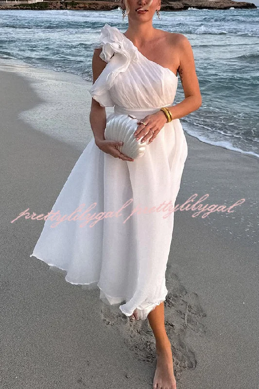 Women's Evening Garments Hot Sale Romantic Seaside One Shoulder Frill Detail Sleeve Layered Midi Dress