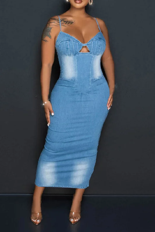 Women's Resort Attire Trendy Urban Attire Gradient Denim Classic Spaghetti Strap Cutout Midi Dress