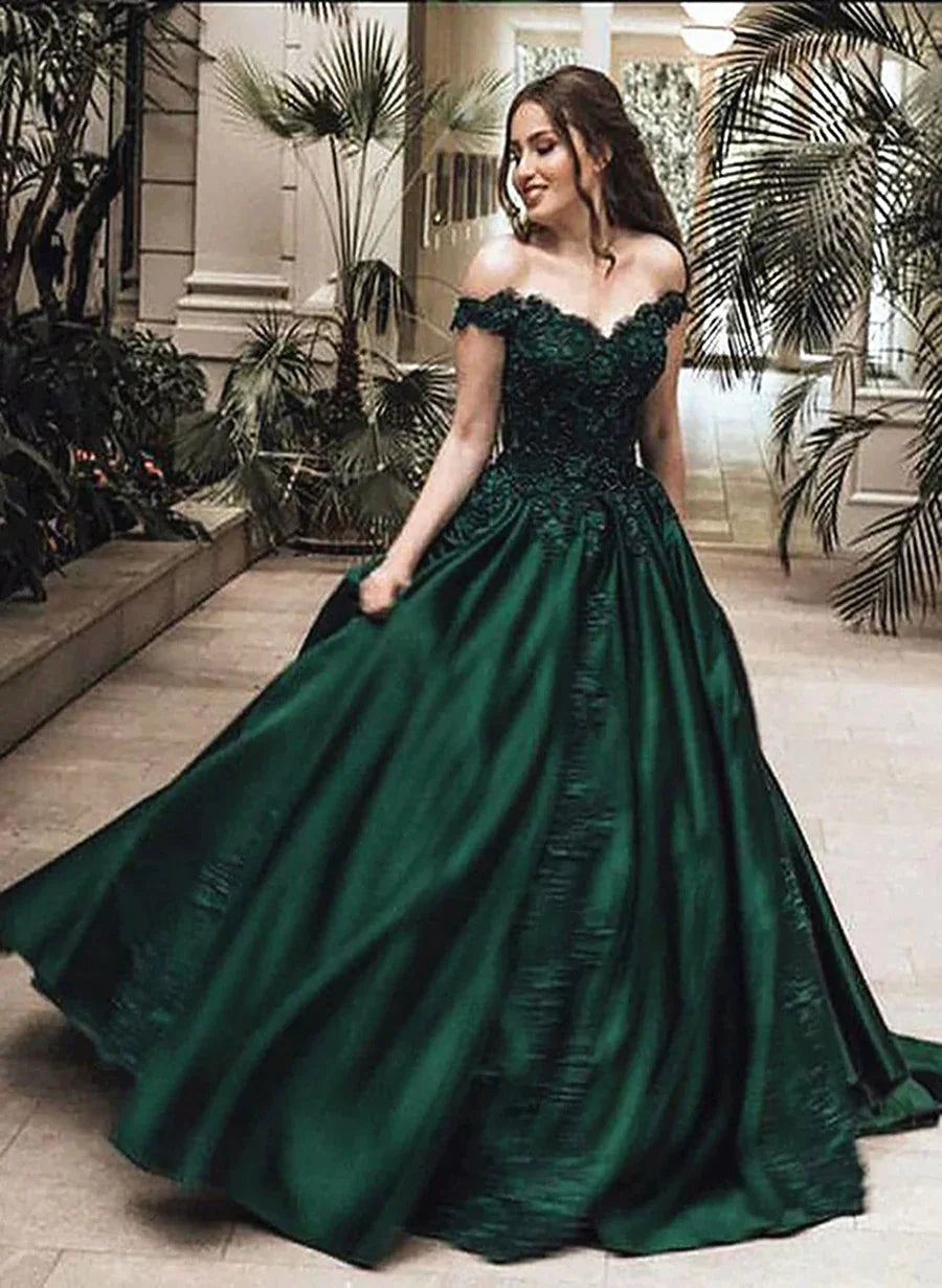 Women's Vacation Outfit Set Luxury Style Dark Green Satin with Lace Applique Long Formal Dress, Green Sweetheart Prom Dress