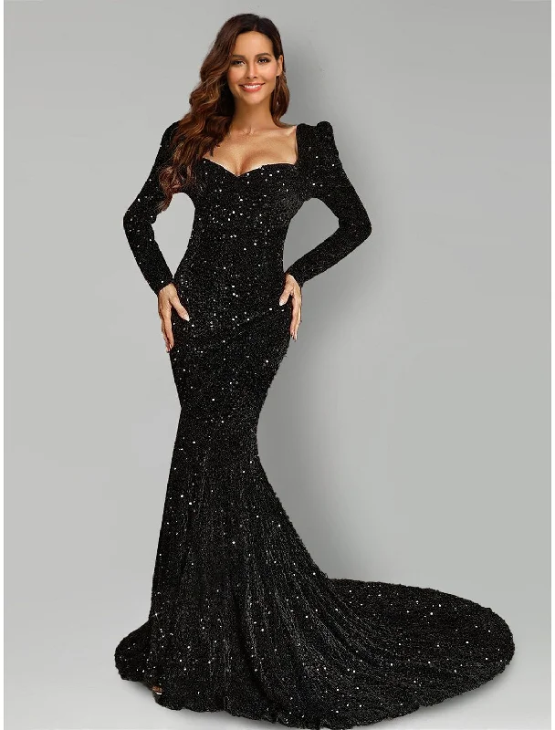 Women's Everyday Clothes Fashion Forward Outfits Evening Gown Black Dress Formal Court Train Long Sleeve Square Neck Sequined