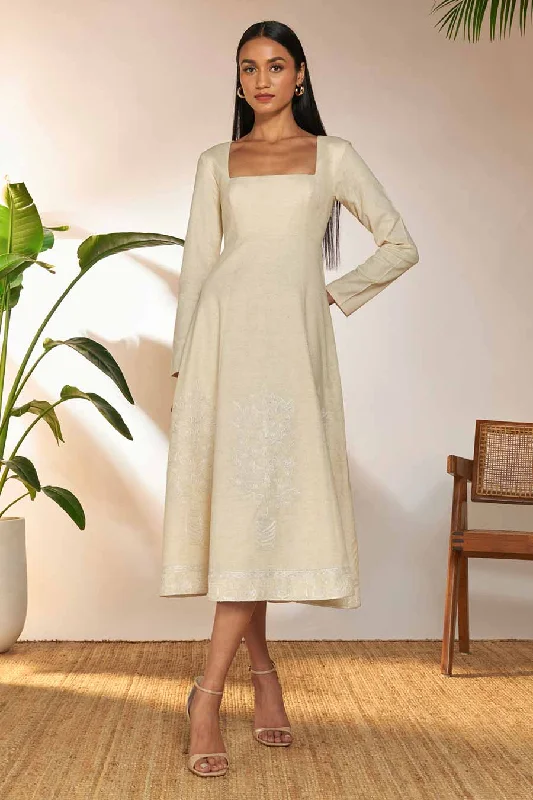 Women's Cozy Clothes Earthy Tones Ivory Embroidered Midi Dress