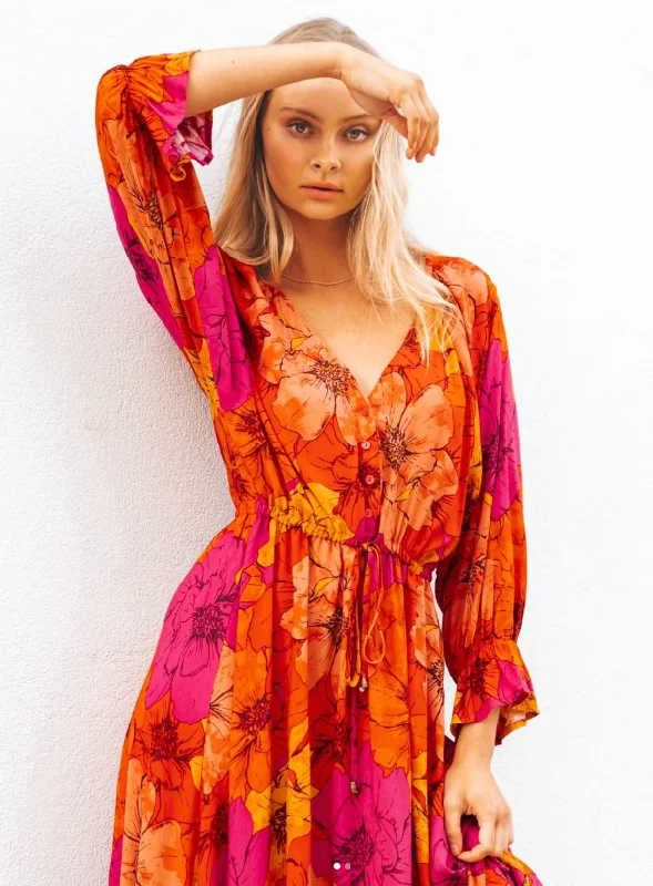 Women's Relaxed Clothes City Fashion Soleil Vibrant Orange Pink Long Sleeve Ruffle Midi Dress