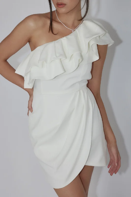 Stylish Women's Garments Final Clearance Midnight Star One-Shoulder Ruffle Mini Dress Off White