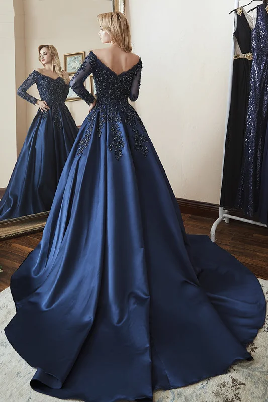 Stylish Clothes For Women Best Seller Ball Gown Long Sleeves Off Shoulder Beaded Navy Blue Prom Dress