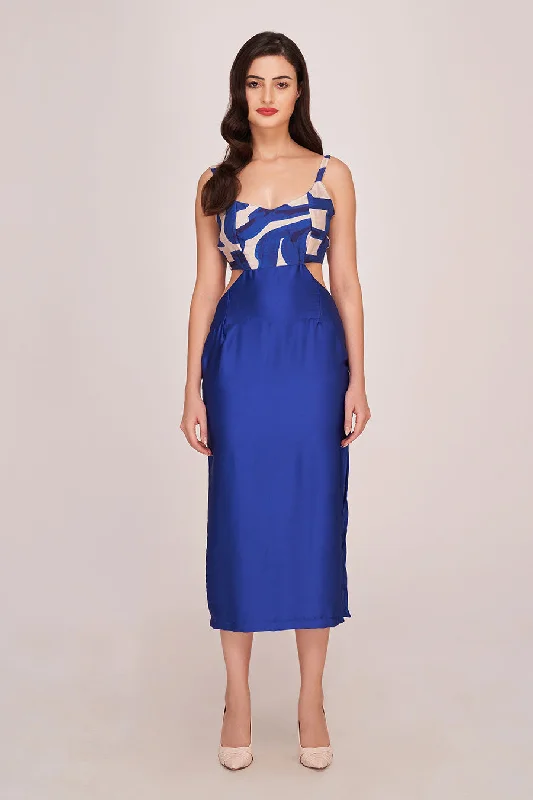 Women's Everyday Clothes Artful Design Blue Printed Cut-Out Midi Dress