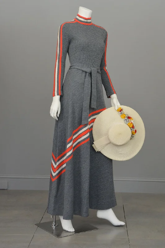 Women's Plus-Size Garments Elegant Ensemble Groovy 1970s MOD Grey and Vermilion Red Striped Knit Maxi Dress by Arbe Made in Italy