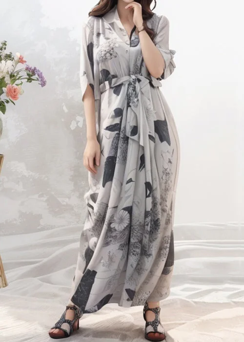 Women's Casual Apparel For Weekends Classic Charm French Grey Print Tie Waist Silk Maxi Dresses Half Sleeve