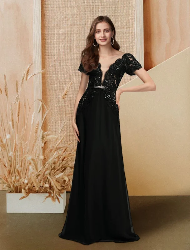 Women's High-End Clothing Imeless Style A-Line Evening Gown Dress Engagement Floor Length Short Sleeve V Neck Chiffon with Sequin Lace