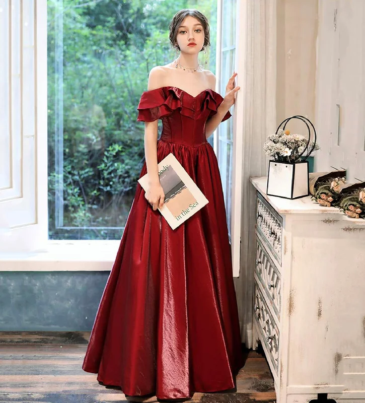 Women's Vacation Outfit Chic Wardrobe Burgundy satin long prom dress evening dress  8510