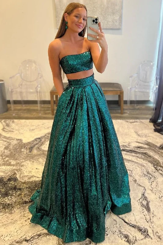 Women's Seasonal Clothes Budget Friendly Sexy Two Piece Green Sequins A-line Long Formal Gown