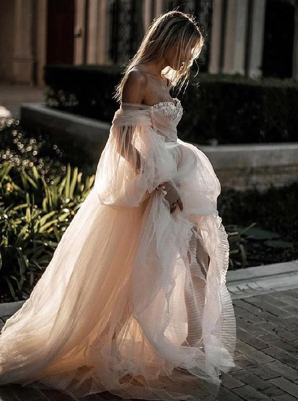 Vintage-Inspired Garments End Of Season Clearance Tulle Off-Shoulder Princess Long Puff Sleeves Wedding Dress With Appliques