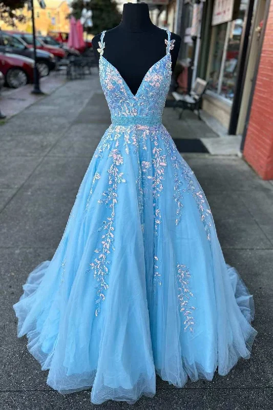 Women's Clothing For Outdoor Activities Shop Sale Items Light Blue Appliques V-Neck Belted A-Line Prom Gown