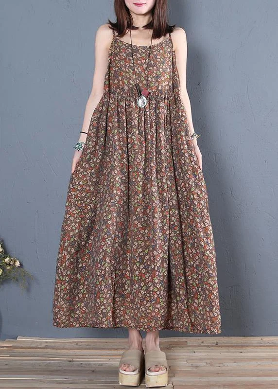 Affordable Fashion Clothing For Women Latest Trends Unique Spaghetti Strap Cinched cotton summer dresses pattern chocolate print Maxi Dress