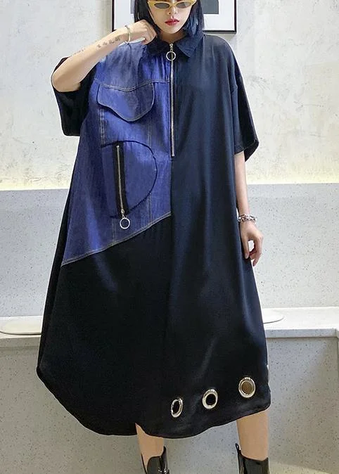 Tailored Clothing For Women Spring Fashion Unique black cotton tunics for women lapel patchwork Maxi Dress