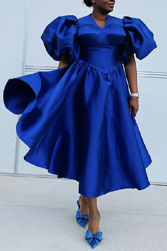 Stylish Women's Apparel Unbeatable Prices Solid Color Puff Sleeve Stunning A-Line Midi Dress