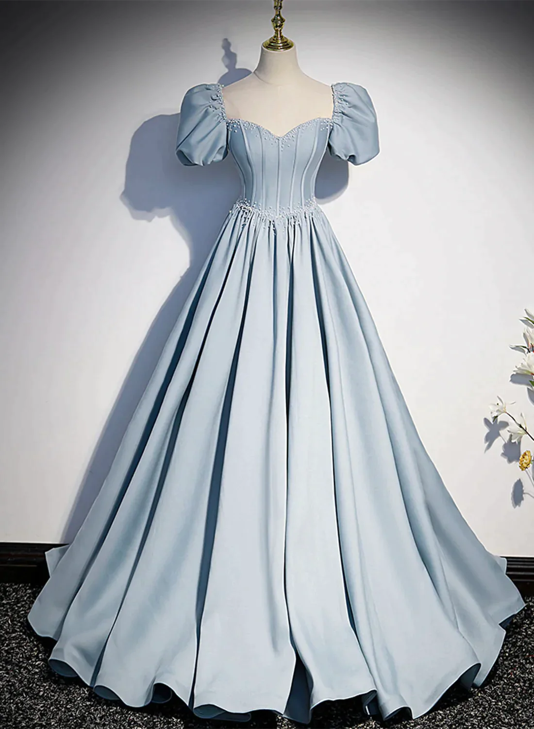 Women's Charming Outfit For Events Graceful Drape Blue Satin Long Prom Dress with Pearls, Blue Short Sleeves A-line Evening Dress