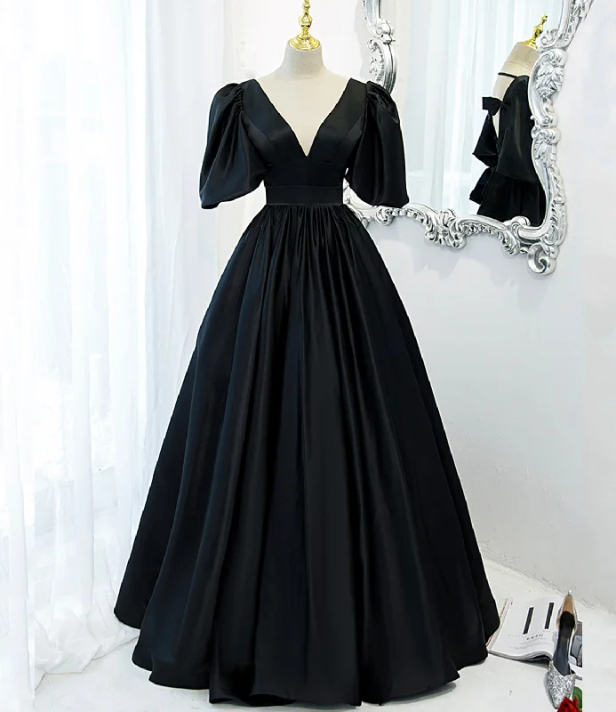 Women's Clothes For Special Occasions Fashion Forward Black v neck satin long A line prom dress evening dress  8846