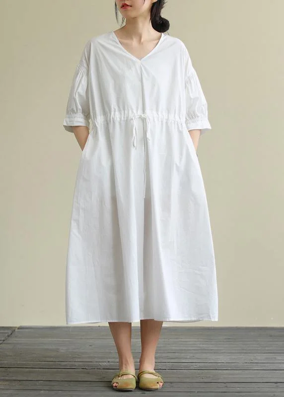 Modern Women's Outfit Find Your Unique Flair 100% white cotton tunic pattern v neck drawstring Maxi Dress