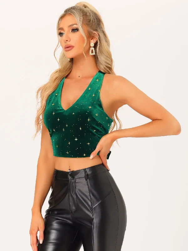 Formal Garments For Women Casual Chic Velvet Cropped Top Sleeveless Crisscross Back Sexy Party Blouse