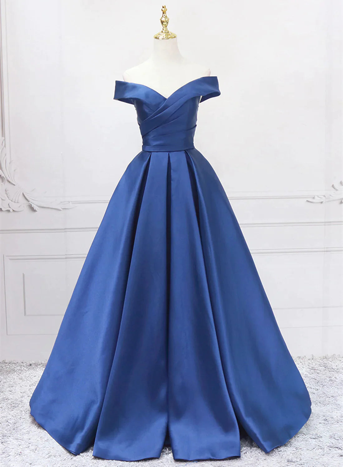 Women's Floral Print Outfit Luxury Comfort Off Shoulder Blue Satin A-line Floor Length Prom Dress, Blue Simple Formal Dress