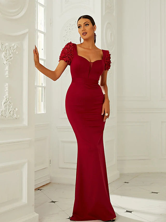 Women's Holiday Apparel Summer Essentials Evening Gown Dress Formal Floor Length Short Sleeve Square Neck Polyester