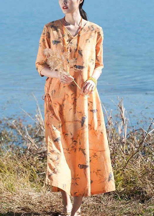 Women's Work Outfit Popular Collection Italian O Neck Half Sleeve Dress Yellow Flower And Bird Print Maxi Dress