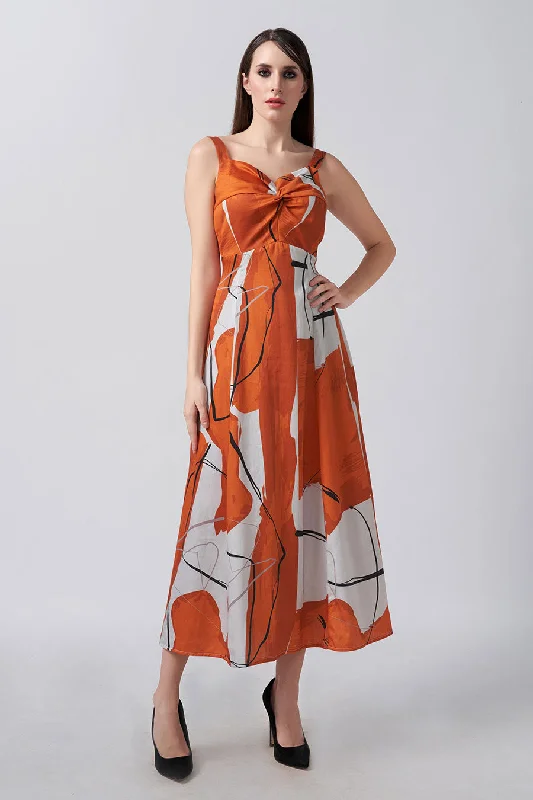 Women's Versatile Apparel Trendy Women's Wear Orange Abstract Printed Knotted Midi Dress