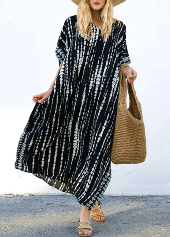 Women's Activewear Apparel Feminine Charm Boho Black O-Neck Striped Side Open Maxi Dresses Short Sleeve