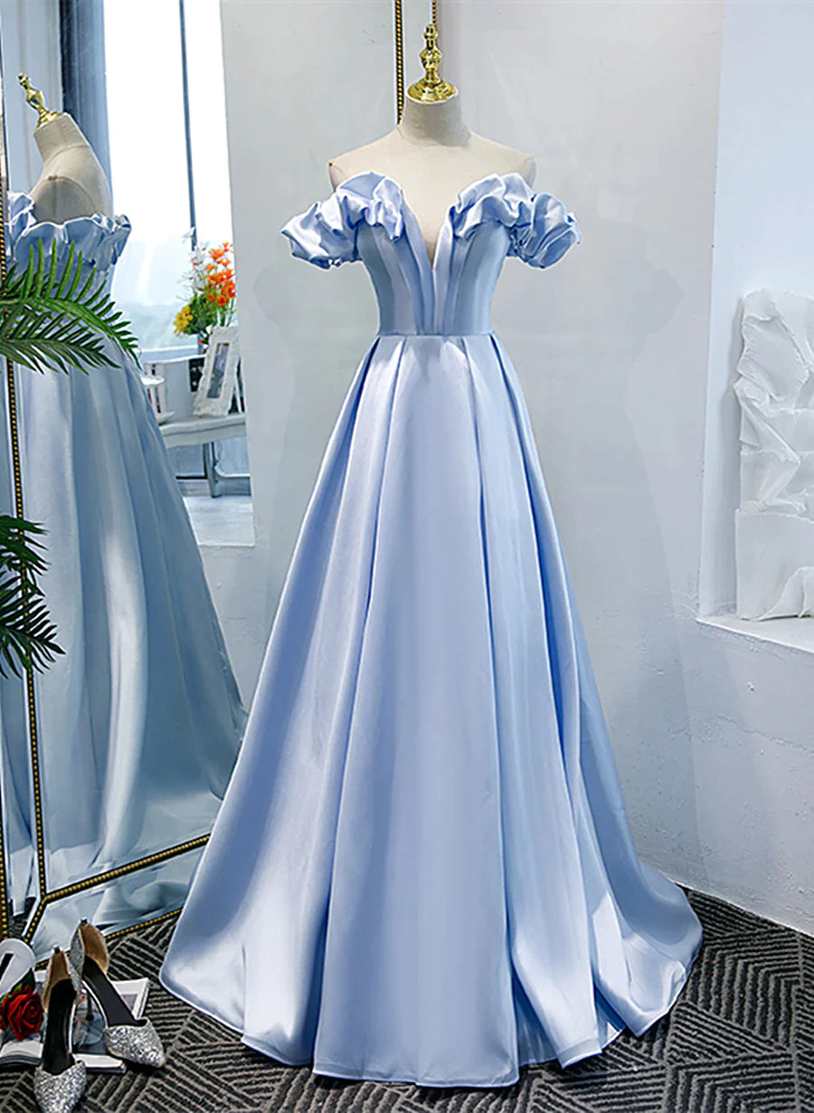 Women's Evening Wear Outfit Polished Finish Light Blue Satin A-line Off Shoulder Long Formal Dress, Light Blue Evening Dress Prom Dress