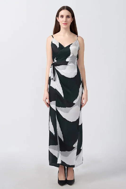 Women's Formal Clothes Imeless Style Dark Green Abstract Printed Wrap Midi Dress