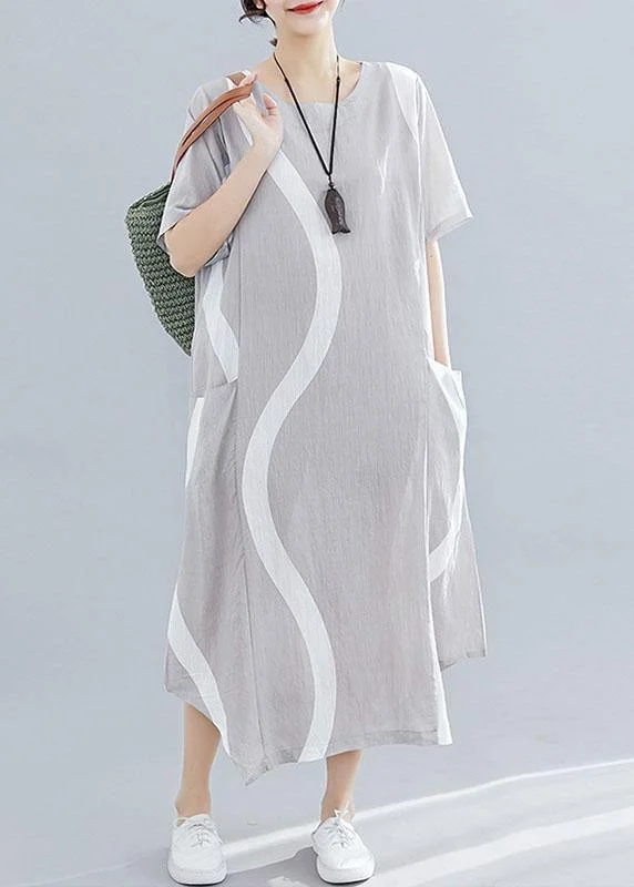 Women's Clothing Fashion Deal Women o neck asymmetric cotton clothes For Women design light gray striped Maxi Dresses summer