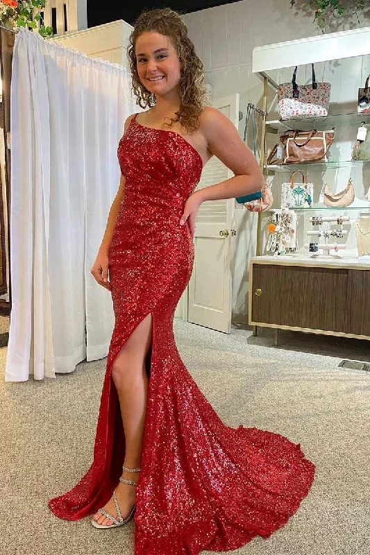 Women's Clothing For Everyday Wear Limited Time Special Offer Red Sequin One-Shoulder Ruched Mermaid Long Prom Gown