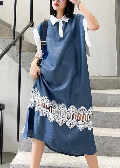 Women's Night-Out Outfit Limited Time Special Offer Natural blue cotton Wardrobes lapel patchwork lace Maxi Dresses