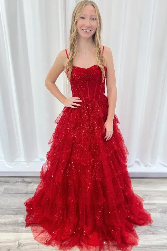 Women's Elegant Evening Attire Cottagecore Rustic Charm Style Spaghetti Straps Red Tulle Tiered Ruffle Ball Gown