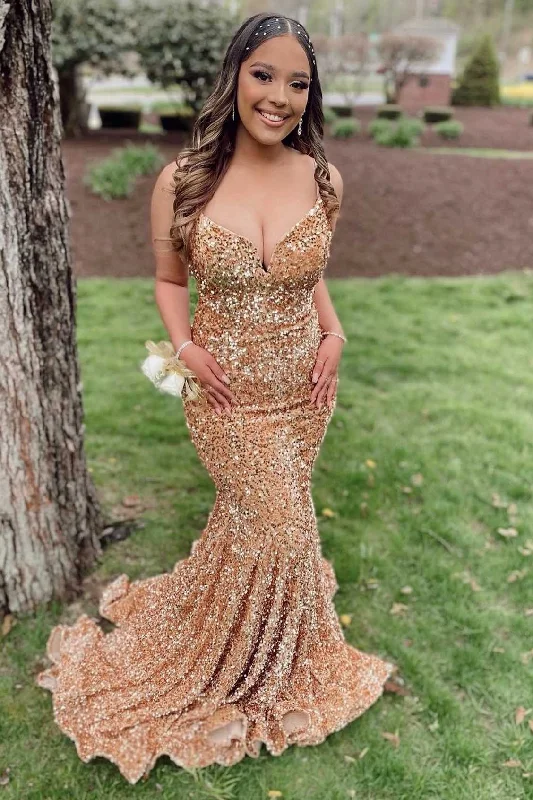 Classic Women's Apparel Trend Alert Gold Sequin V-Neck Lace-Up Mermaid Long Prom Gown