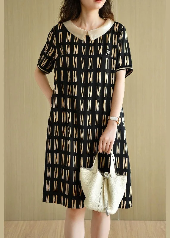 Casual Chic Women's Clothes Winter Warm - Up Sale Classy Black Peter Pan Collar Graphic Patchwork Summer Maxi Dress Short Sleeve