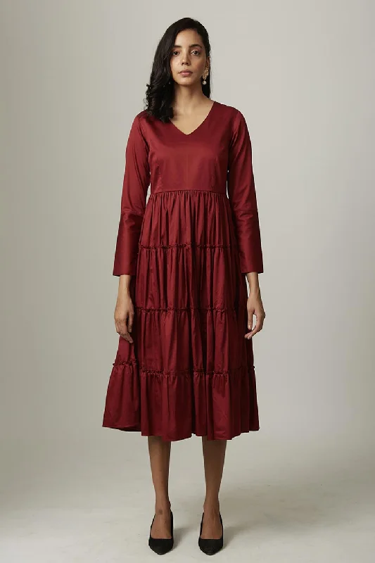 Women's Active Clothing Seasonal Trend Maroon Tiered Midi Dress