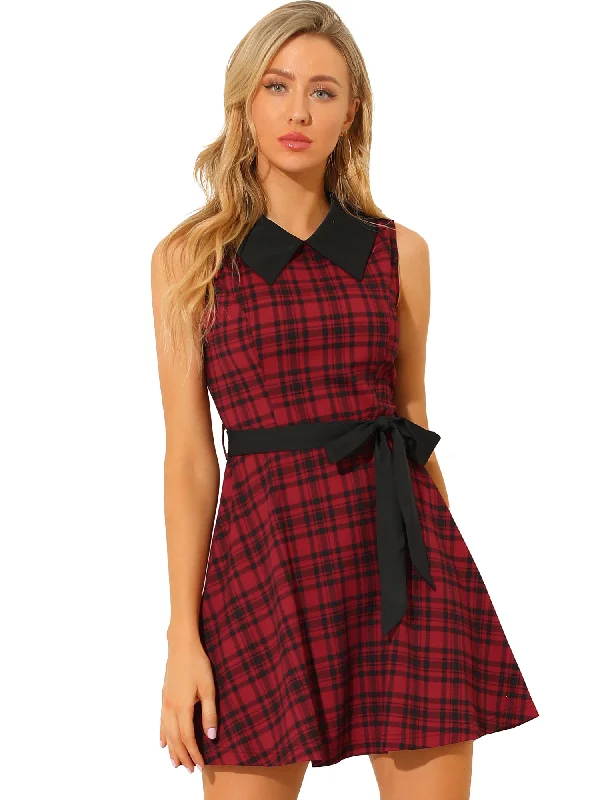 Women's Athletic Outfit Shop Sales A-line Belted Vintage Sleeveless Plaid Dress