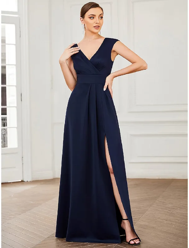 Women's Athletic Outfit Stylish Women's Apparel A-Line Evening Gown Elegant Dress Formal Floor Length Sleeveless V Neck Polyester V Back with Draping Slit