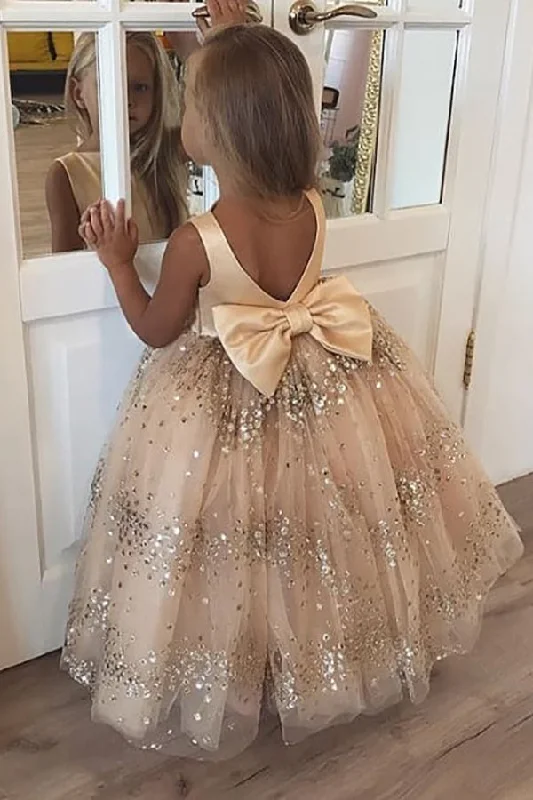 Women's Casual Outfit Festival Fashion Ball Gown Champagne Sequins Bow Flower Girl Dress