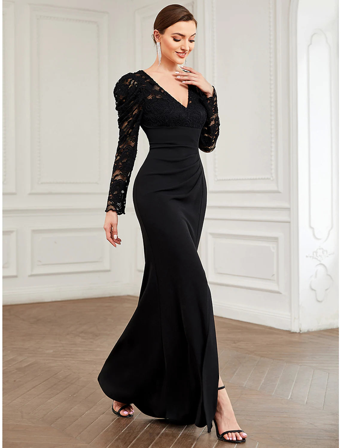 Women's Transitional Garments Last Chance Sale A-Line Evening Gown Vintage Dress Formal Floor Length Long Sleeve V Neck Lace with