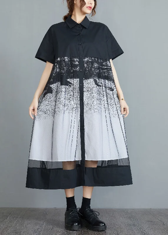 Women's Plus-Size Clothes Grab Romantic Date - Night Styles Now Style Black Peter Pan Collar Tulle Patchwork Cotton Maxi Dresses Short Sleeve