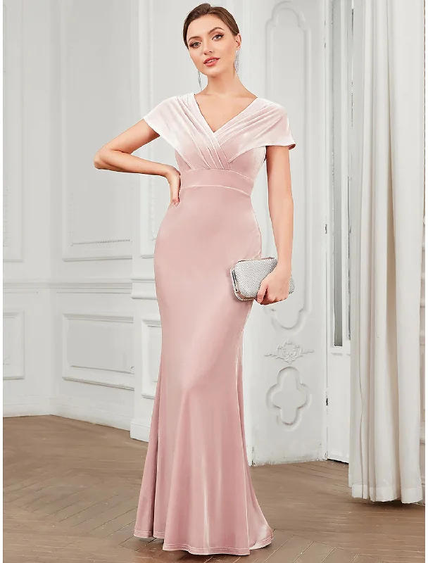 Women's Chic Outfit Elegant Fashion Evening Gown Vintage Dress Floor Length Short Sleeve V Neck Velvet V Back with Ruffles