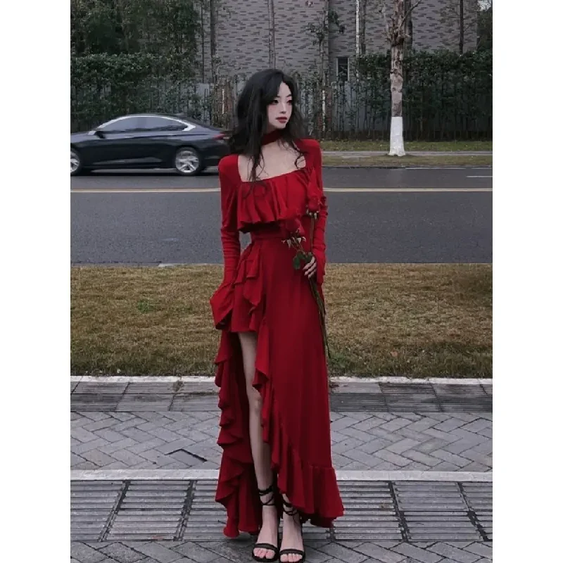 Women's Work Apparel Fashionista Favorites Women Autumn Long Sleeve Midi Dress Elegant Ruffles Red Square Neck Irregular Prom Dress  Y5190