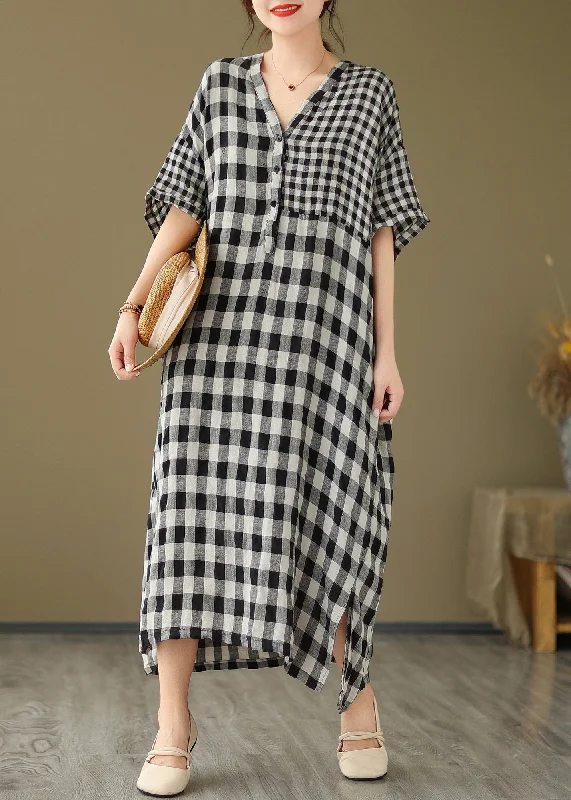 Women's Seasonal Attire Chic & Cozy Apparel Simple V Neck Plaid Patchwork Side Open Linen Maxi Dress Short Sleeve