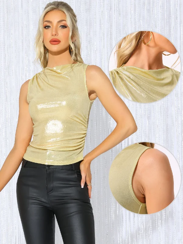 Women's Active Garments For Workouts Luxury Style Metallic Sleeveless Slim Fit Ruched Club Party Top