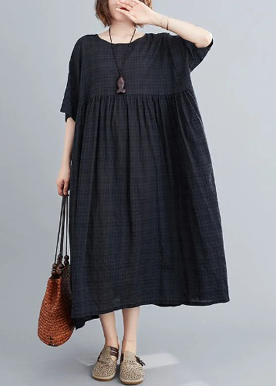 Women's Chic Outerwear Attire Colorful Clothing Loose Black O-Neck Plaid Patchwork Maxi Dresses Summer