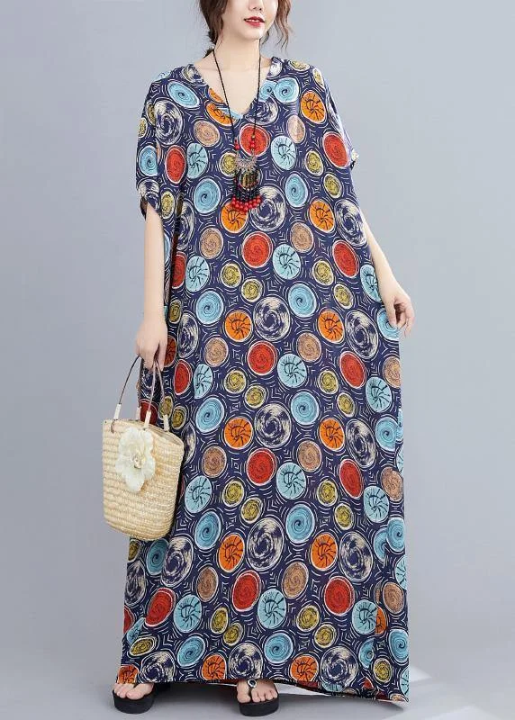 Women's Activewear Outfit Budget Friendly Italian v neck Batwing Sleeve blue dotted Maxi Dresses